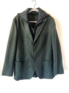 Massimo Dutti Green Blazer with Attached Navy Blue Hood, Sz US44